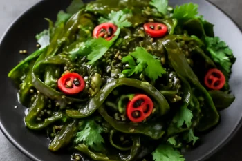 Kombu saláta csilipaprikával és korianderrel tálalva