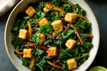 Kombu saláta tofuval, szezámmaggal és lime-os öntettel tálalva