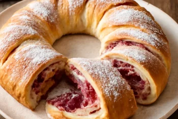 Kringle málnás töltelékkel tálalva, cukorral megszórva