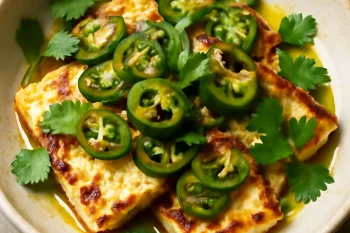 Leipäjuusto jalapeñós változatban, friss korianderrel és olívaolajjal megpirítva, tálalva.