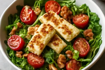 Leipäjuusto saláta dióval és paradicsommal