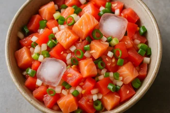 Lomi salmon friss paradicsommal és zöldhagymával egy tálban, hidegen tálalva