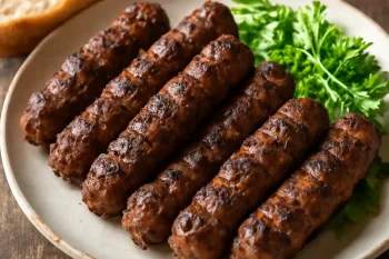 Mititei marhahússal, grillezve és frissen tálalva, salátával és kenyérrel