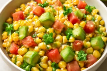 Mote ensalada, kukoricával, paradicsommal és avokádóval