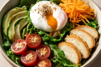 Onsen Tamago Zöldséges Tálon, lágy tojással, friss zöldségekkel és gazdag öntettel