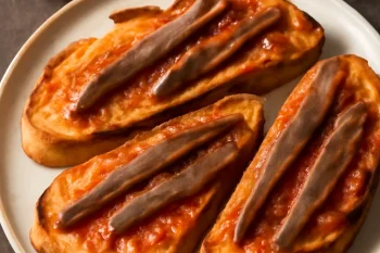 Pa amb tomàquet i anxoves frissen tálalva, pirított kenyérrel, paradicsommal és anchovákkal