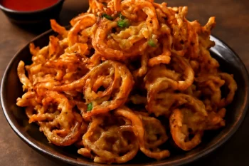 Pakora hagymával, frissen tálalva, ropogós és fűszeres