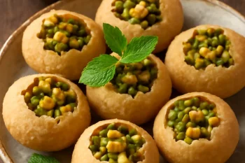 Pani puri mungóbabos töltelékkel, indiai étel tamarind szósszal és menta levelekkel