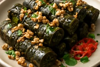 Patra dióval megszórva, friss korianderrel tálalva