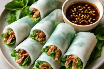 Pho cuon fokhagymás szósszal, friss rizstésztás tekercsek, sült hússal, zöldségekkel