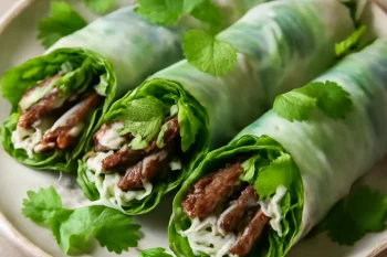 Pho cuon marhahússal, friss rizstészta, zöldfűszerek és sült marhahús tekercsben