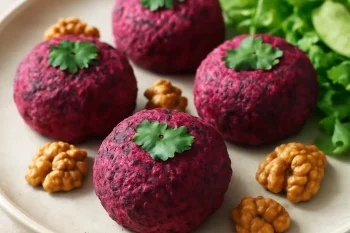 Pkhali céklával, diós fűszeres golyókkal tálalva, friss korianderrel