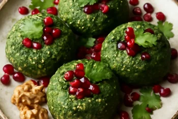 Pkhali korianderrel és gránátalmamagokkal tálalva