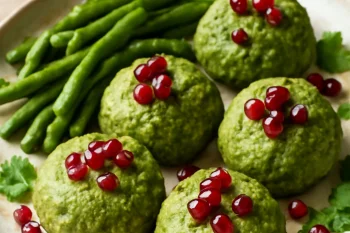 Pkhali zöldbabbal, friss korianderrel és gránátalmával tálalva