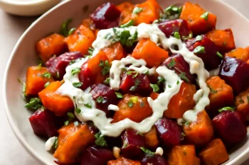 Prebiotikus céklás édesburgonya saláta joghurtos öntettel és fenyőmaggal