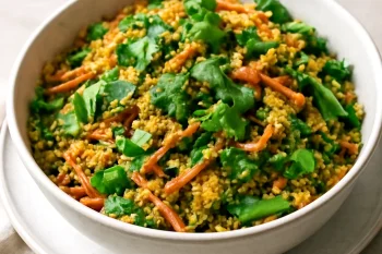 Prebiotikus fűszeres quinoa saláta friss korianderrel és zöldségekkel tálalva