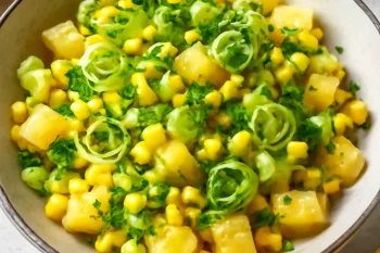 Prebiotikus póréhagymás-ananászos saláta tálalva friss zöldségekkel és petrezselyemmel