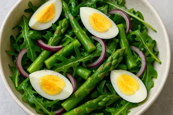 Prebiotikus spárgás-tojásos saláta rukkolával, lilahagymával és citromos öntettel tálalva