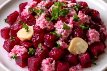 Prebiotikus túrós céklás saláta friss petrezselyemmel tálalva