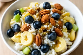 Prebiotikus túrós-gyümölcsös saláta tálalva friss gyümölcsökkel és pörkölt dióval