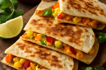 Quesadilla kukoricával, sajt, paprika és lime levelekkel tálalva