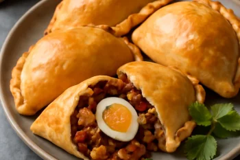 Salteña keménytojással, húsos töltelékkel, friss korianderrel tálalva