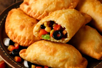 Salteña olívabogyóval, ropogós tésztával és színes zöldségekkel