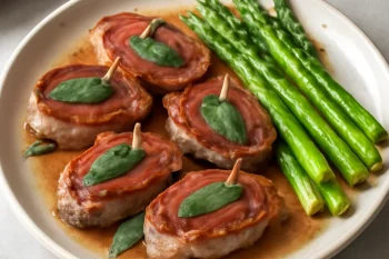Saltimbocca báránykarajjal, zöldspárgával, zsályával és sonkával tálalva