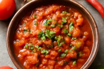 Sambal tomat, paradicsomos csípős szósz friss korianderrel tálalva
