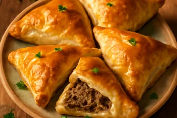Samsa leveles tésztával, ropogós tészta és fűszeres marhahússal töltve, tálalva