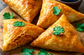 Samsa tökkel, aranybarna, ropogós tésztában, friss korianderrel tálalva