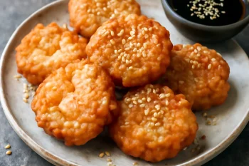 Satsuma-age garnélával, friss szójaszósszal és szezámmaggal tálalva