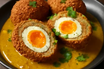 Scotch egg curry fűszerrel tálalva, curry szósszal és friss zöldfűszerrel díszítve