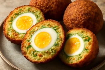 Scotch egg zöldséges töltelékkel aranybarna panírban