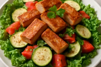 Seitan saláta friss zöldségekkel, olívaolajjal és citromlével, díszítve petrezselyemmel