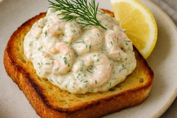 Skagenröra dijoni mustárral, kapros garnélarákos keverék kenyéren tálalva