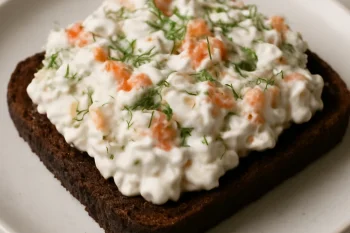 Skagenröra kaporral, fekete kenyéren tálalva