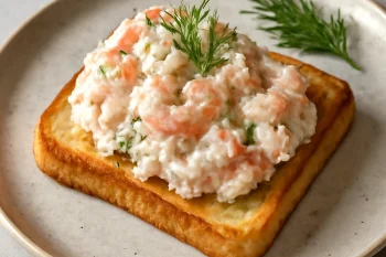 Skagenröra limehéjjal tálalva pirított kenyéren, díszítve friss kaporral