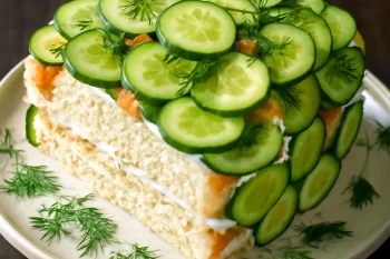 Smörgåstårta uborkaszeletekkel és kaporral dekorálva, skandináv ízekkel tálalva