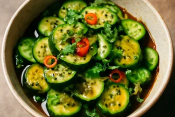 Sunomono fűszeres változata, japán uborkasaláta szezámmaggal és chilivel tálalva