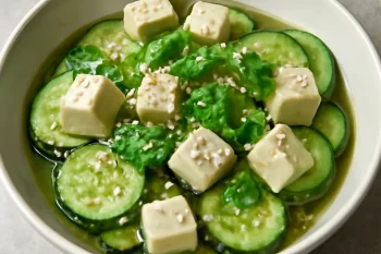 Sunomono tofuval, friss korianderrel és szezámmaggal tálalva