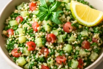 Tabbouleh uborkával és friss petrezselyemmel tálalva