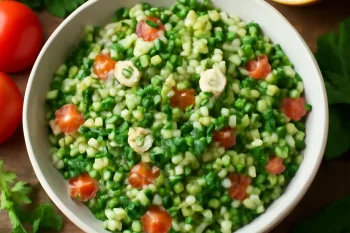 Tabbouleh saláta hagymával, menta és petrezselyem keverékével
