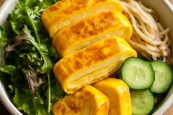 Tamagoyaki saláta, japán étel Tamagoyaki omlettel, zöldsalátával, uborkával és csirkehússal
