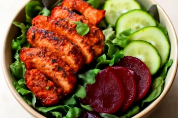 Tandoori csirke saláta, grillezett csirkehússal, uborkával és cékla szeletekkel