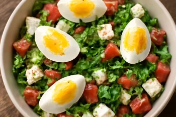 Tashkent saláta főtt tojással, friss petrezselyem díszítéssel.