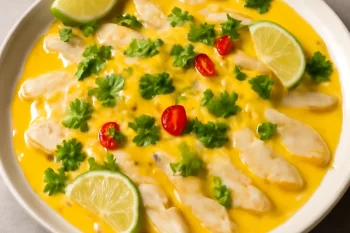 Tiradito ají amarillo szósszal, friss hal, korianderrel és lime-mal díszítve