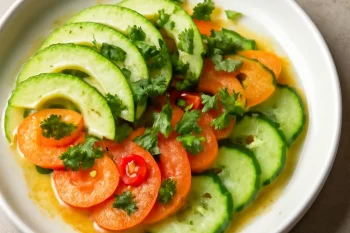 Tiradito vegán avokádóval, sárgarépával és uborkával, friss korianderrel díszítve.