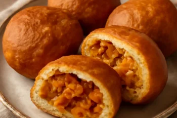 Vetkoek édesburgonyás töltelékkel, indiai étel, ropogós batyuk friss töltelékkel