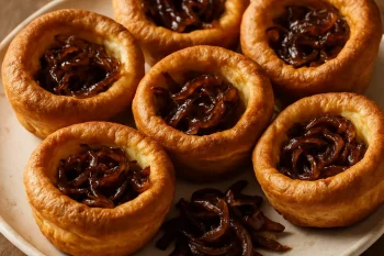 Yorkshire pudding karamellizált hagymával töltve, ropogós szélű angol köretként tálalva